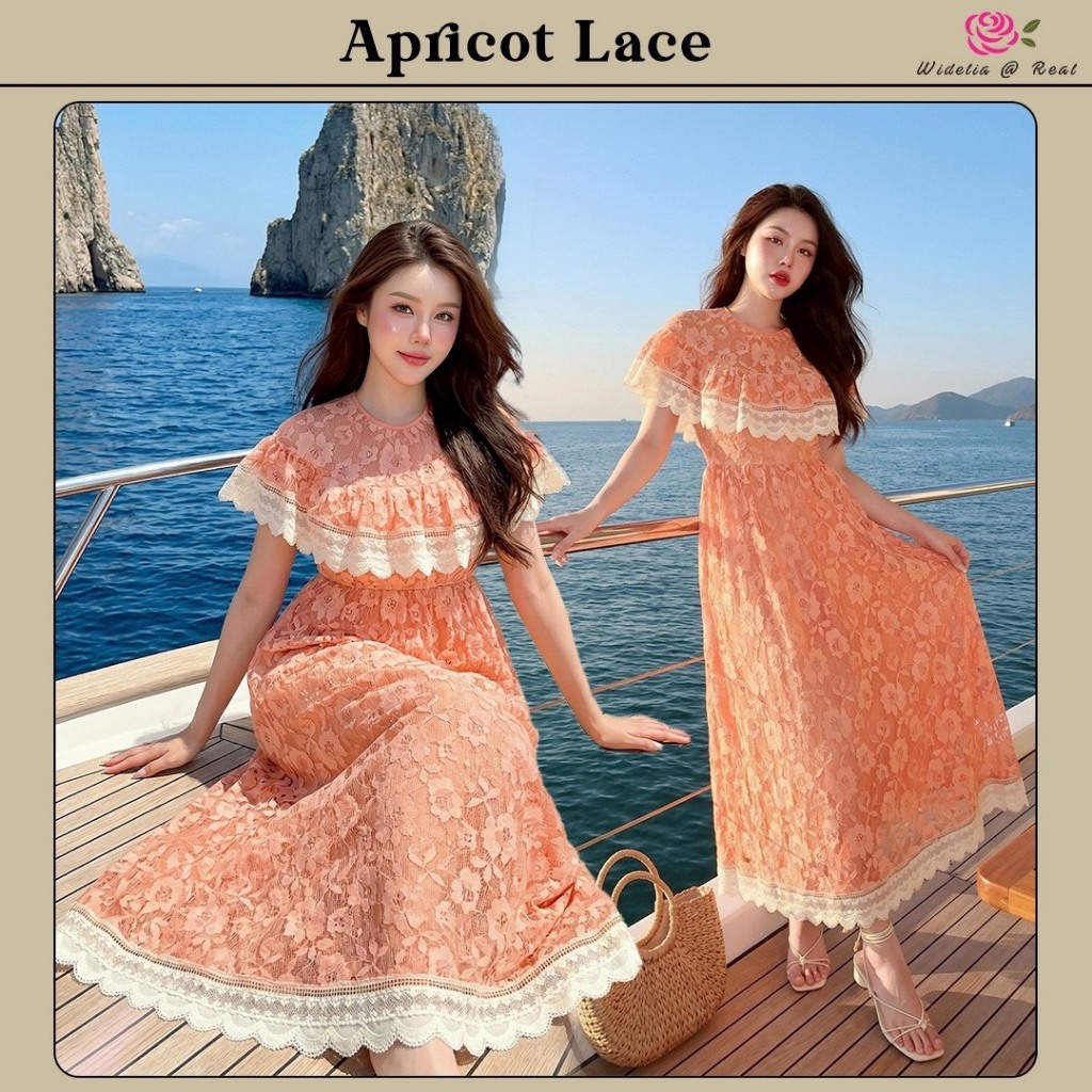 งานป้ายแฟชั่น Widelia สีส้มพีช Apricot Lace Dress เดรสยาวผ้าลูกไม้สีส้มพีช ปกโค้งแขนกุดแต่งเทปลูกไม้ฉลุมีซับในซิปหลัง
