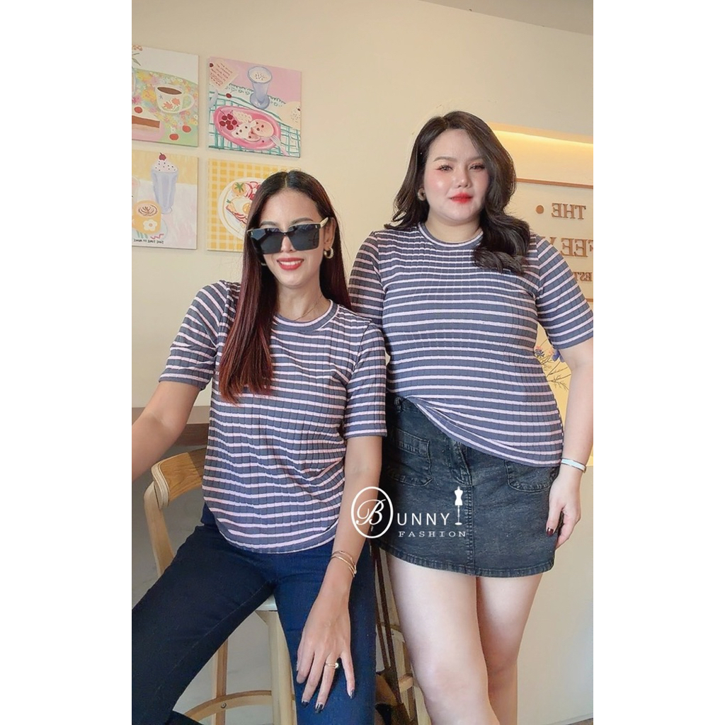 A219 BunnyFashion เสื้อยืดลายริ้ว แขนศอก มี 3 ไซส์