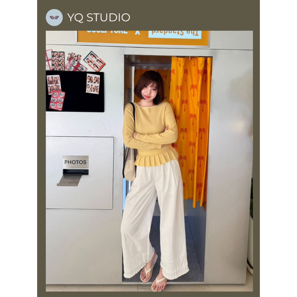 A696 Lipar Pants กก. ขายาวสีขาวปลายขาลูกไม้ ป้ายYQ