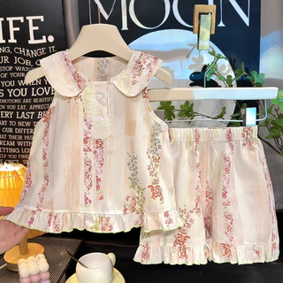 Babyonline(Y542)I6H6 (ส่งด่วน1วัน)ชุดเซ็ตเสื้อแขนกุดกางเกงขาสั้นสำหรับเด็กผู้หญิง ผ้าฝ้าย ระบายอากาศ