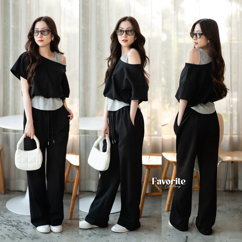 🌈🌿🌼🌺🌸🖤🩶🇰🇷Cotton 2Tone Slant OFS Top&Long Pant Set