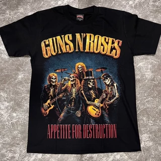 เสื้อยืดผ้าฟอก-ผ้าดำ GunnRoses1987(ป้ายRocktee เรืองแสง) ผ้าCotton100
