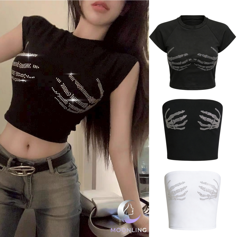 Moonling พร้อมส่งจากไทย เสื้อครอปแขนสั้น มีฟองน้ำ ดีเทลลายเพชร สตรีท แฟชั่น สไตล์เกาหลี FY3519