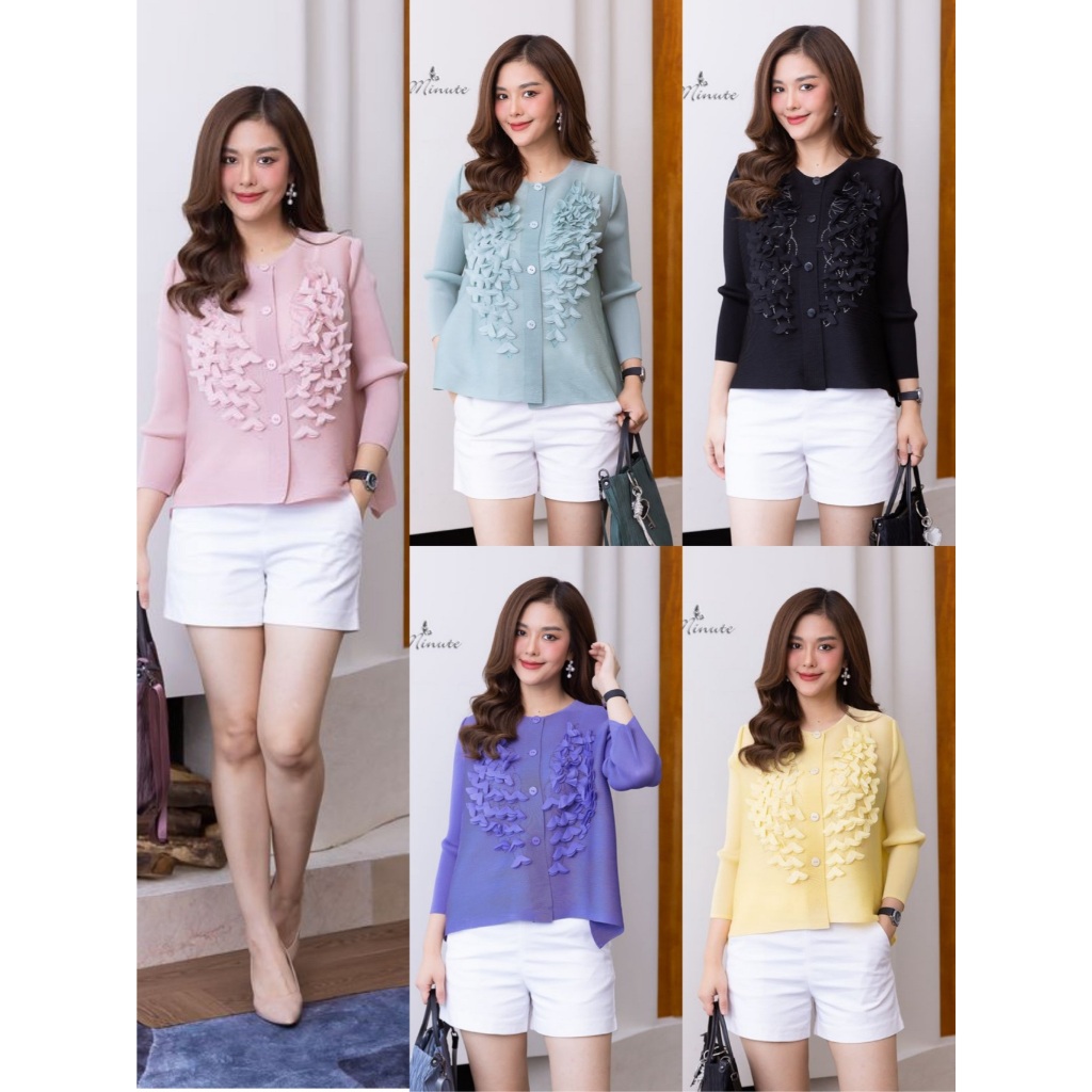 Cutie minute PT025426  เสื้ออัดพลีทเกรดพรีเมี่ยม เสื้อคลุมผ้าพื้นที่ตกแต่งด้วยงานฝีมือเป็นรูปดอกไม้