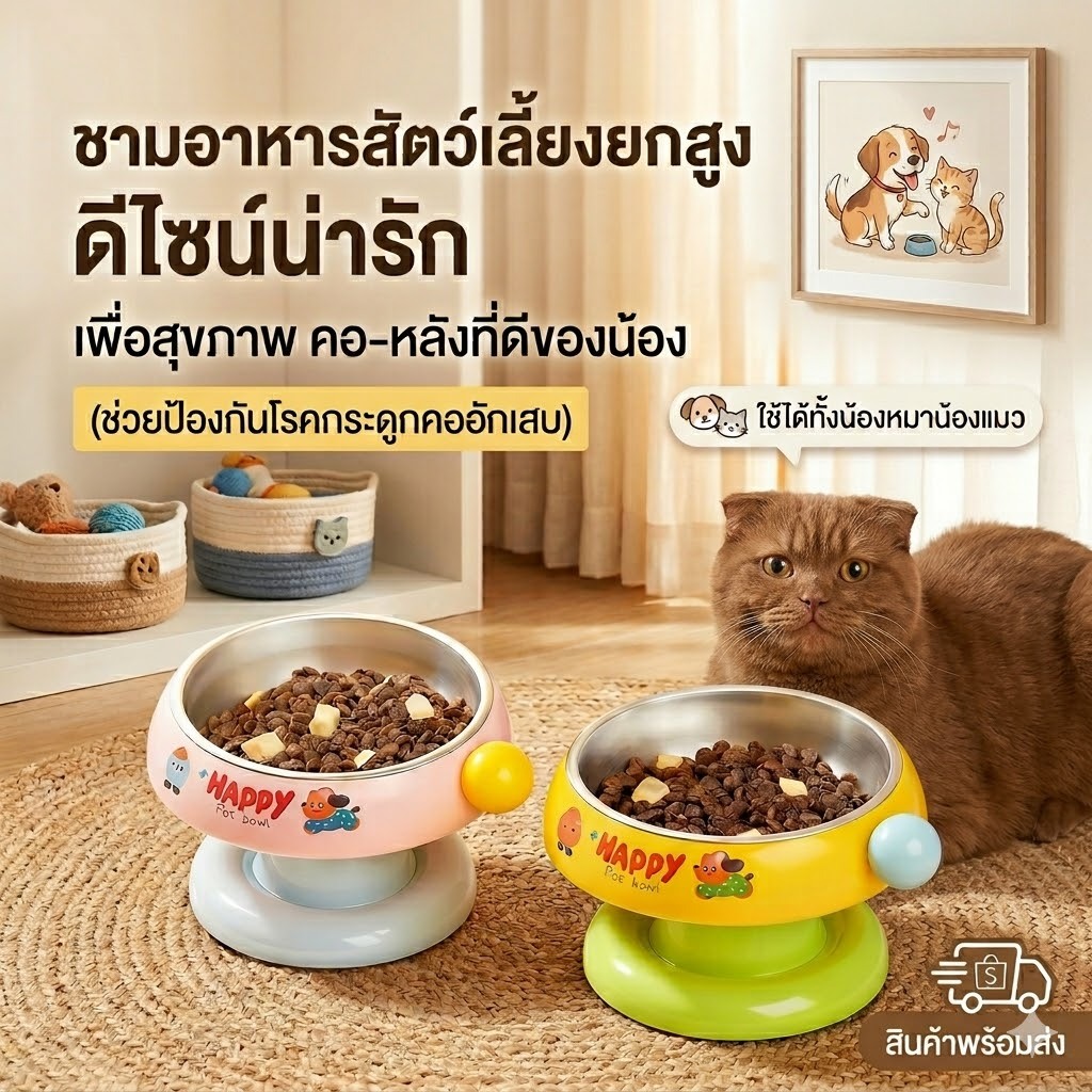 [พร้อมส่ง] ชามอาหารสัตว์เลี้ยงยกสูง ชามสแตนเลสกันเชื้อแบคทีเรีย ดีไซน์น่ารัก ถนอมกระดูกคอ สำหรับหมาและแมว รุ่น Happy Bow