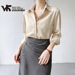 VISUKING เสื้อเชิ้ตใส่ทำงาน เสื้้อเชิ๊ตสีดำ แขนยาวผ้าซาติน ส…