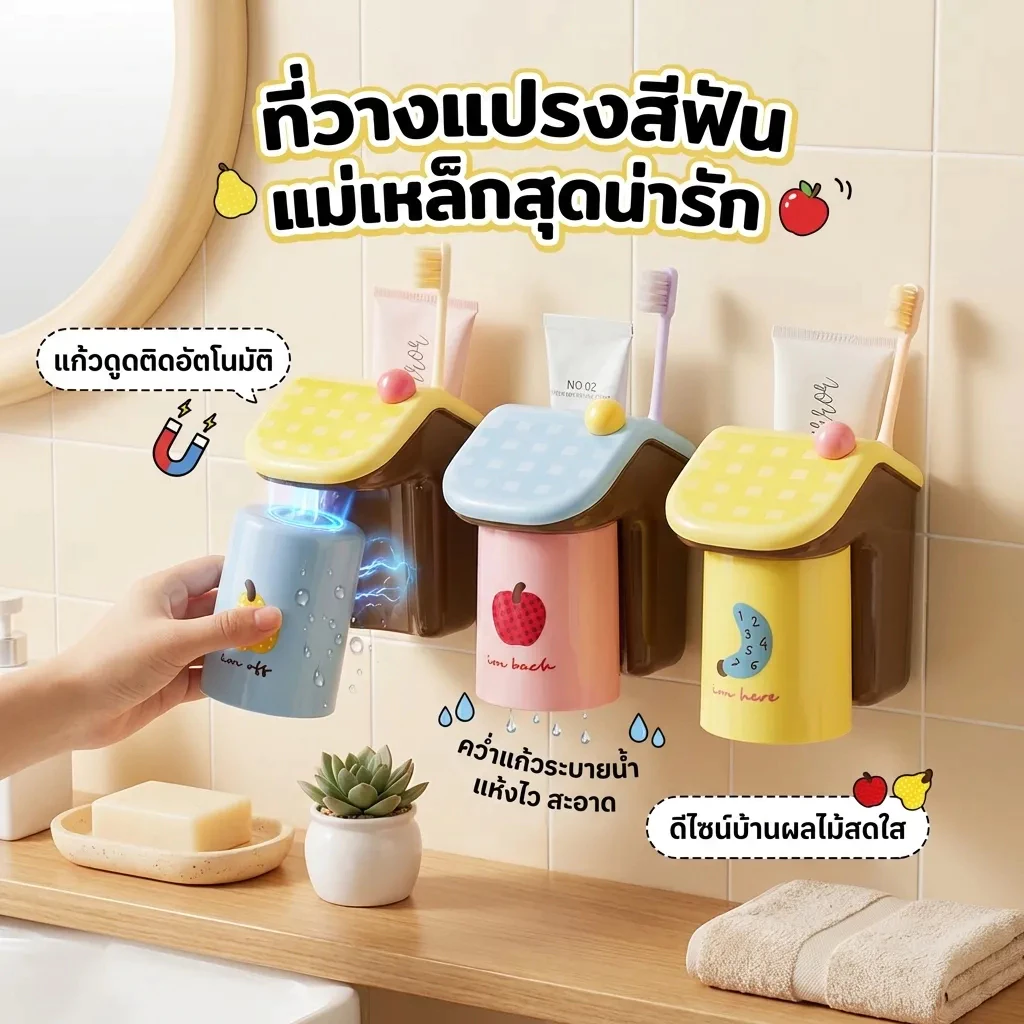 ที่วางแปรงสีฟันแม่เหล็ก ไม่ต้องเจาะ ชุดถ้วยแปรงสีฟัน พร้อมแก้ว ติดผนัง กันชื้น ระบายอากาศ ลดแบคทีเรีย