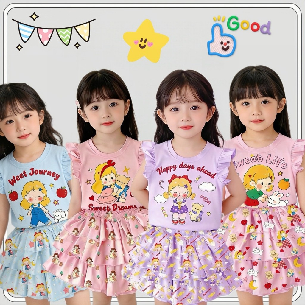MC224 ชุดเด็กแฟชั่น ลายการ์ตูน Sweet Girl เซ็ตเสื้อ+กระโปรง สไตล์เกาหลี