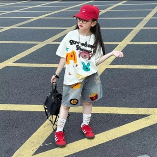 MC228 ชุดเด็กแฟชั่น 2 ชิ้น เด็กชายเด็กหญิงใส่ได้ เสื้อยืดโอเวอร์ไซซ์ + กางเกงยีนส์