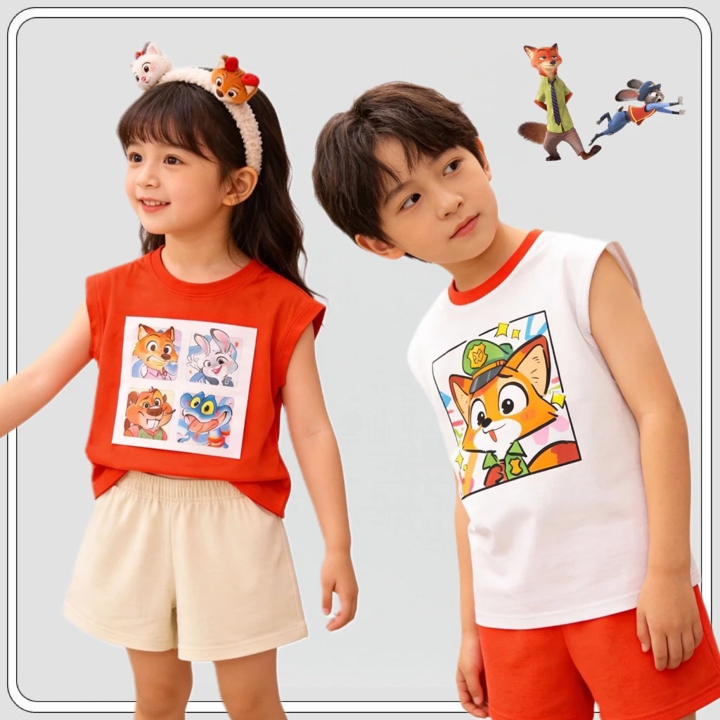 MC230 ชุดเด็กแฟชั่น 2 ชิ้น เสื้อกล้ามแขนกุดลายการ์ตูน + กางเกงขาสั้น