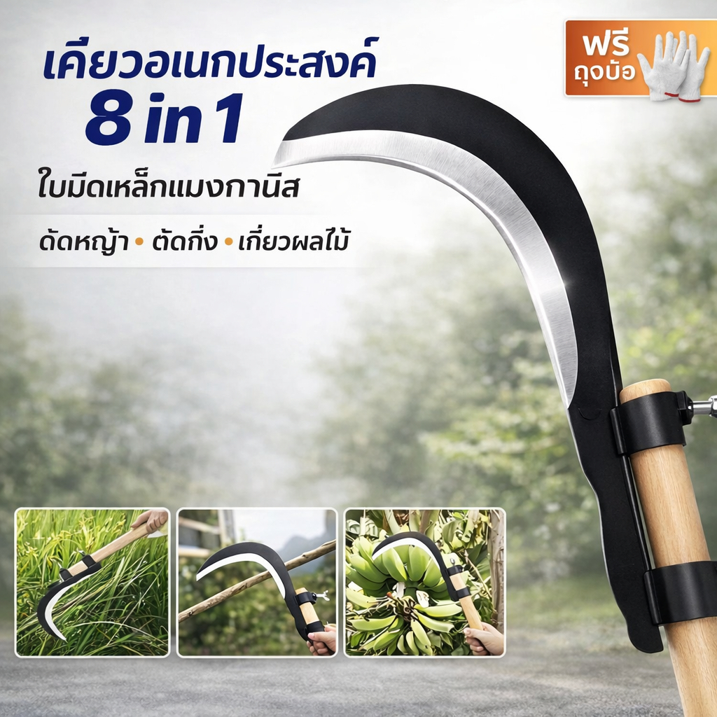 เคียวอเนกประสงค์ 8 in 1 เคียวตัดหญ้า ตัดกิ่ง เกี่ยวผลไม้ ใบมีดเหล็กแมงกานีส คม ทน แข็งแรง