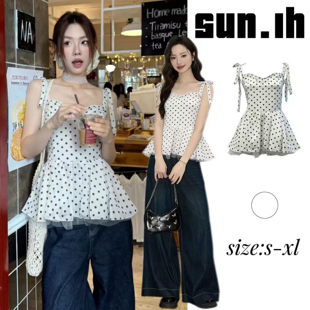 SUN พร้อมส่ง เสื้อสายเดี่ยวลายจุดสีดำขาวทรงเข้ารูปสไตล์ฝรั่งเศสสำหรับฤดูร้อน