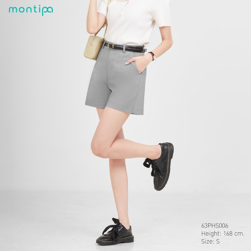 Montipa กางเกงขาสั้น ซิปหน้า แต่งหูเข็มขัด ผ้า Span D PHS006