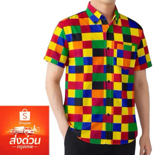 เสื้อเชิ๊ตเเขนสั้นคอปกสลับสีเเนววินเทจลายสก๊อต M-2XL