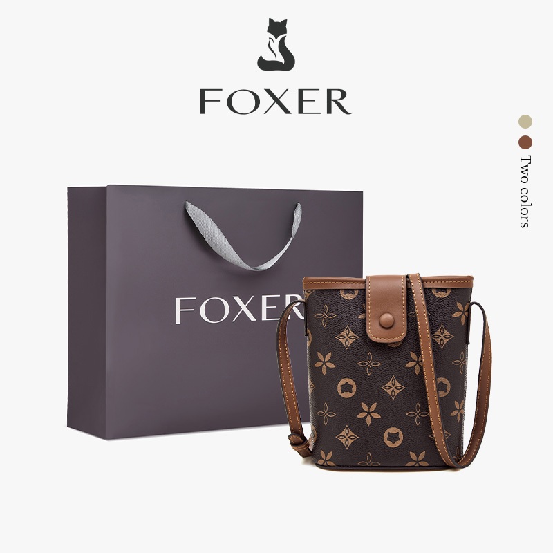 FOXER กระเป๋าสะพายไหล่สำหรับผู้หญิง กระเป๋าสะพายข้างพิมพ์ลาย กระเป๋าทรงถัง กระเป๋าใส่โทรศัพท์มือถือ