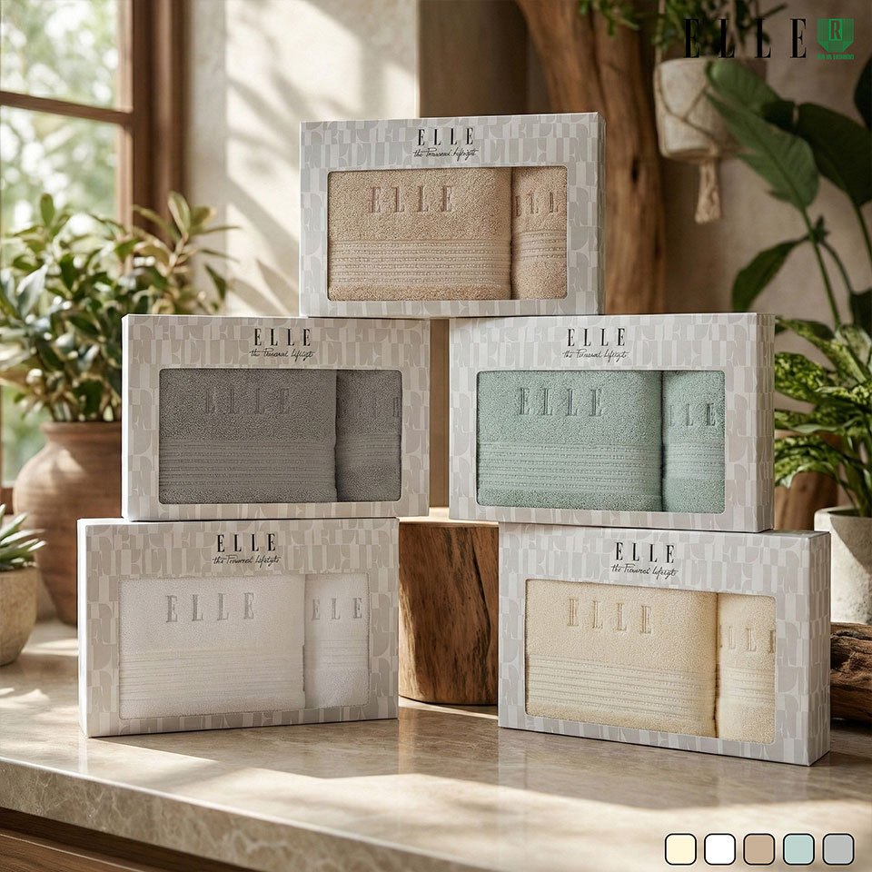 GIFTSET BOX ELLE  สีใหม่ ผ้าขนหนูผลิตจากเส้นใยคอตตอน COTTON & SPUN POLYESTER เส้นด้ายคู่ (TEG054B7 )