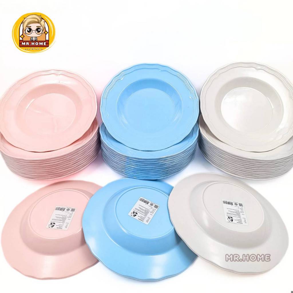 จานเมลามีน สีพื้น  9 นิ้ว ขอบหยัก  ฟ้า ชมพู ขาว จานชามเมลามีนเนื้อหนา  (ชุด6ใบ)