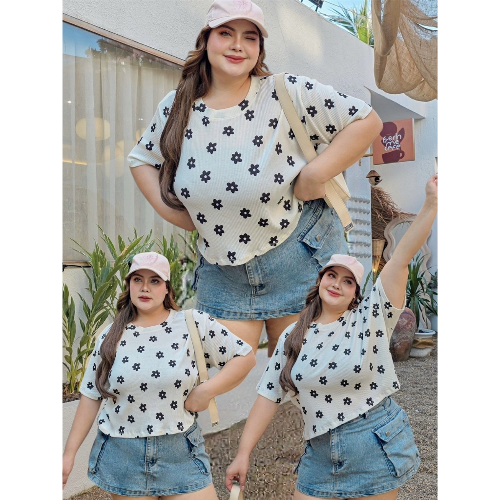 Crop t-shirt เสื้อยืดครอปผ้าร่องนิ่มสกรีนลายดอก  ผ้ายืดนุ่มนิ่มใส่สบายมาก Bigsize อก 38-60+