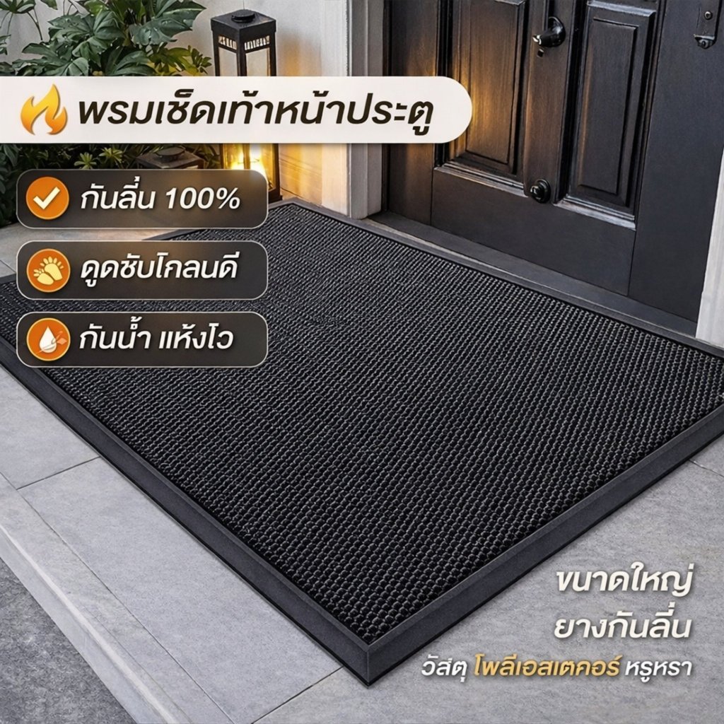 พรมหน้าบ้านหรู กันน้ำ กันลื่น ดักฝุ่นได้ดี ซึมซับโคลนไว ขนาดใหญ่ พื้นยางไม่ลื่น วัสดุพรีเมียม