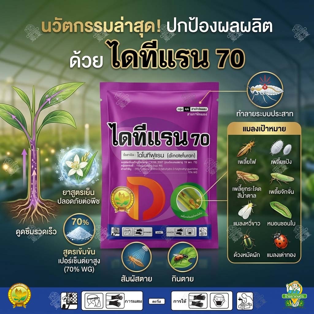 ไดทีแรน 70 (100g) สูตรเย็น เร็วแรง ไดโนทีฟูแรน 70% เพลี้ยไฟ เพลี้ยกระโดด แมลงหวี่ขาว ด้วงหมัดผัก
