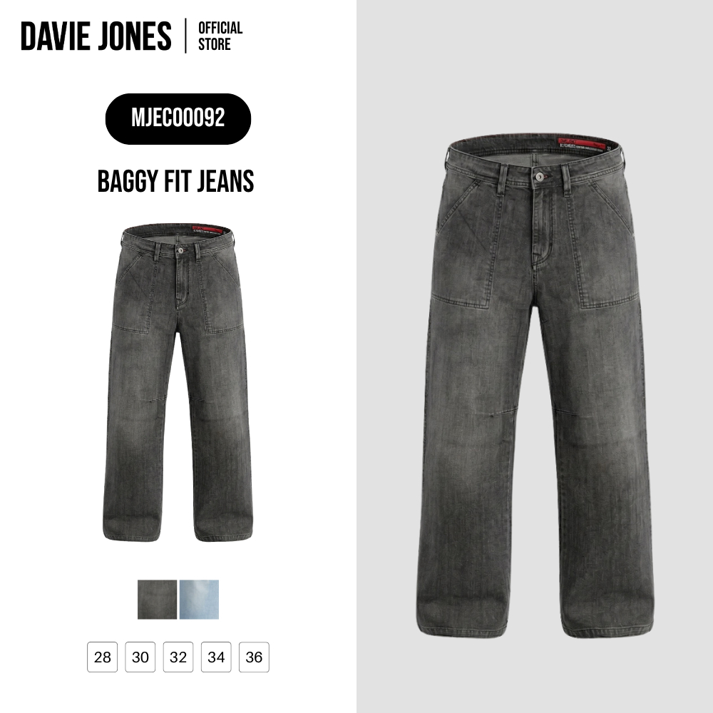 DAVIE JONES [BE FEARLESS] กางเกงยีนส์ผู้ชาย Baggy Fit Jeans สีดำ ฟ้า CO0092
