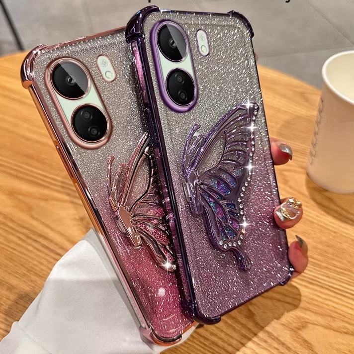 เคสโทรศัพท์ กริตเตอร์ หรูหรา สำหรับ Redmi A5 A7 A7Pro POCO C71 C81Pro กันกระแทกมุม ป้องกันกล้อง ผีเสื้อ น่ารัก ตั้งได้