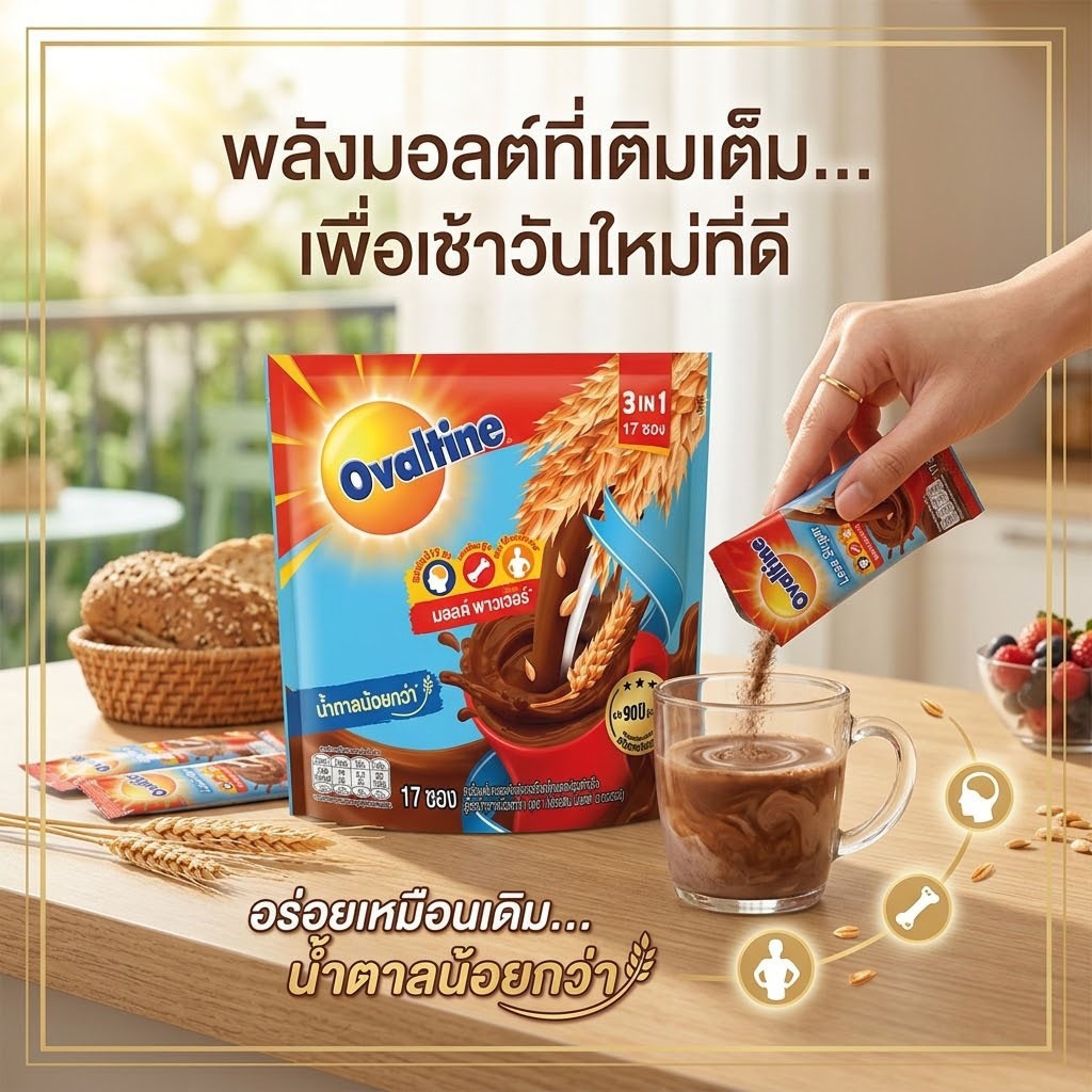 โอวัลติน 3in1 สูตรหวานน้อย Ovaltine Less Sugar เครื่องดื่มมอลต์ช็อกโกแลต เพื่อสุขภาพ (31 ก. x 17 ซอง