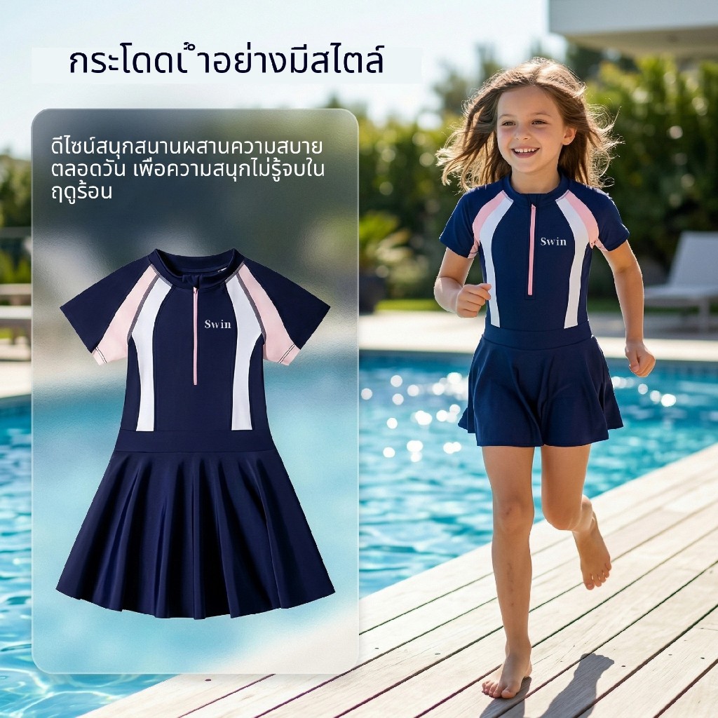 [จัดส่งในพื้นที่]ชุดว่ายน้ำเด็กผู้หญิง แบบเกาะอกพร้อมกระโปรง สไตล์แฟชั่น ใส่ไปเที่ยวพักผ่อน