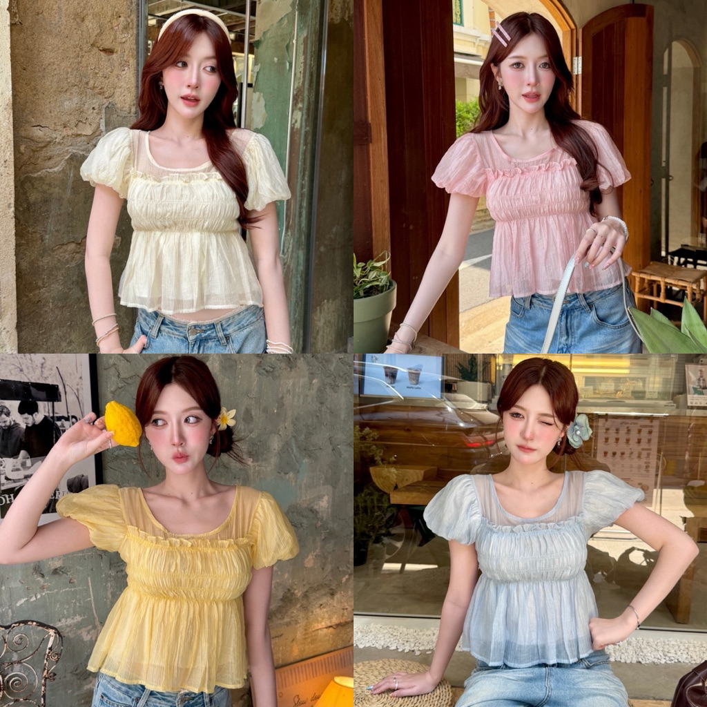 ❤️พร้อมส่ง❤️🔅เสื้อผ้าใยแก้ว แต่งจีบระบายตรงอก มีซับใน🔅nanny