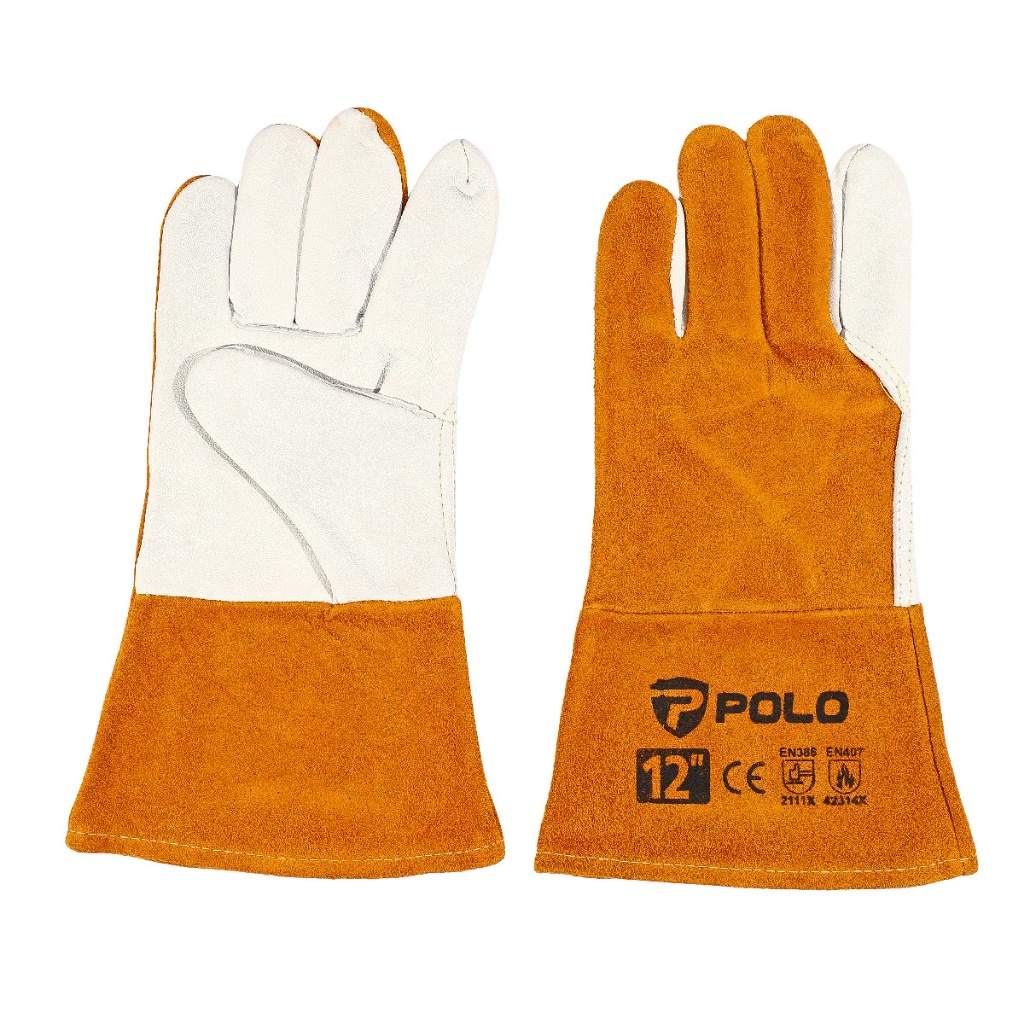 POLO ถุงมือหนังงานเชื่อม 12-18 นิ้ว ทำมาจากหนังวัว ช่วยป้องกันบาดแผลและการไหม้ของมือ ขณะทำงานเชื่อมจริง (โปโล) – โปรปัง