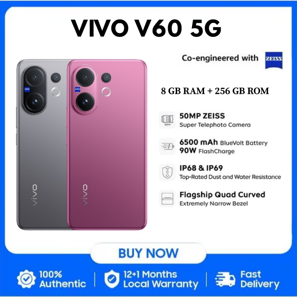 vivo V60 โทรศัพท์มือถือ 5G หน้าจอขนาด 6.77 นิ้ว 8GB+256GB ของแท้ พร้อมส่ง รับประกัน 1 ปี