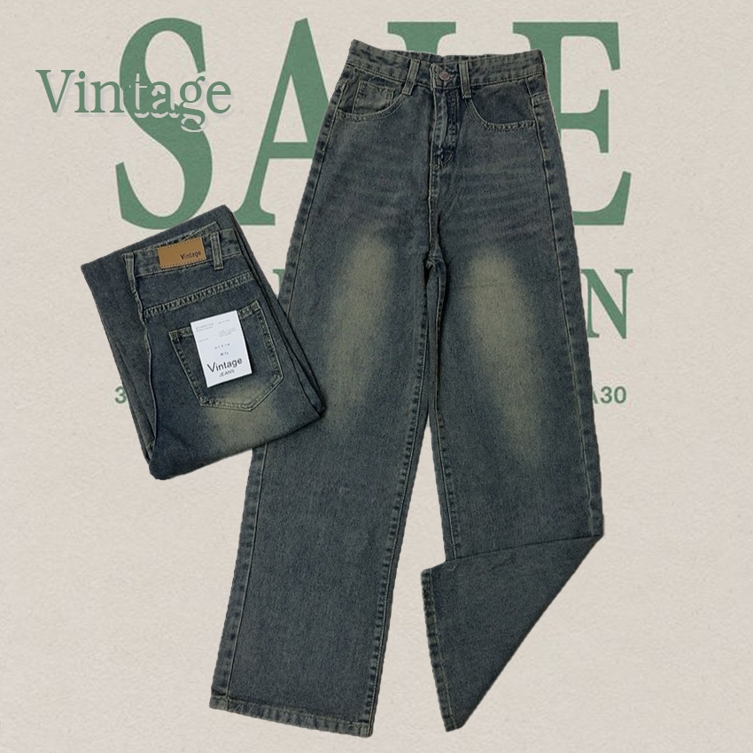 Vintage รุ่น 6117 กางเกงยีนส์ เบสิก สีสนิม ทรงกระบอก แต่งเฟดขา ทรงสวยผ้าไม่ยืด