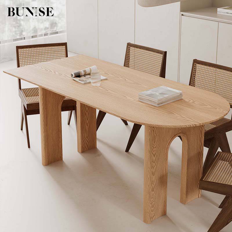 BUNISE Solid Wood Dining Table SD19 - Scandinavian Wabi-Sabi Style, Long Retro Log Table, Dining & C