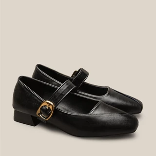 VONICA เกาหลี รองเท้าส้นสูงผู้หญิง Mary Jane แฟชั่น Retro สไตล์ One-line Buckle Square Toe รองเท้า