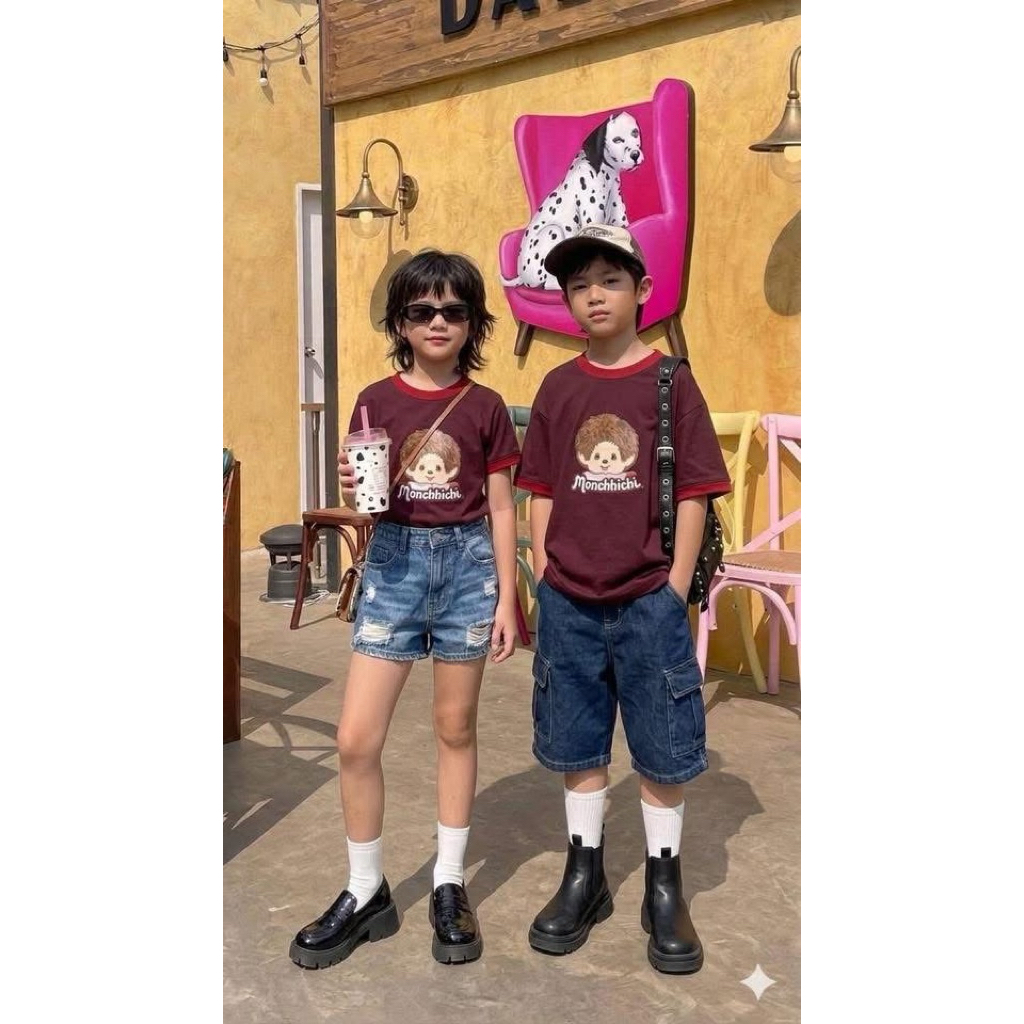 เสื้อคู่พี่น้องแม่ลูกลายม่อนชิชิปักขนนุ่ม พร้อมส่ง