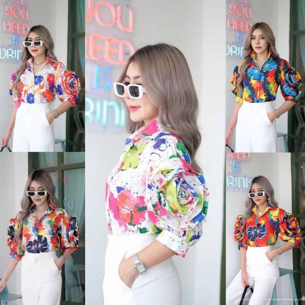 เสื้อลายดอกชบาคอปกกระดุมหน้าแต่งสาปยาว ดีเทลแขนเย็บเป็นดอกกุหลาบแบบฟูๆๆ งานเย็บดี เนื้อผ้านิ่มดี ใส่สบาย เสื้อสาวอวบ