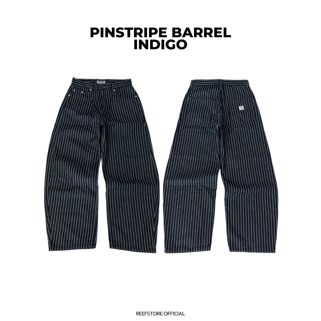 PINSTRIPE BARREL — INDIGO กางเกงลายทางทรง Barrel สียีนส์เข้ม