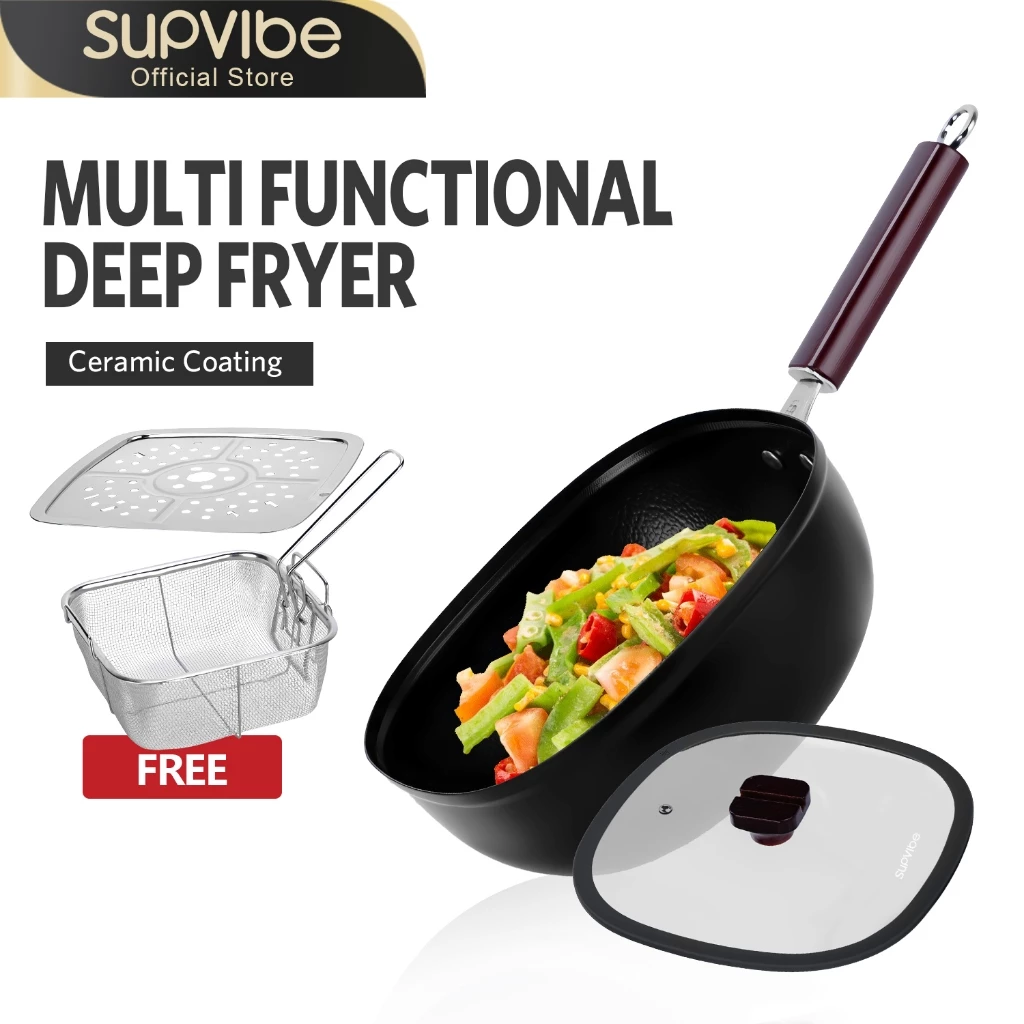 SUPVIBE ชุดกระทะเหล็ก การเคลือบเซรามิก กระทะทอด ผัด 24 ซม พร้อมตะแกรงนึ่งสแตนเลส ตะกร้าทอด เหมาะสำหรับเตาหลากหลายประเภท
