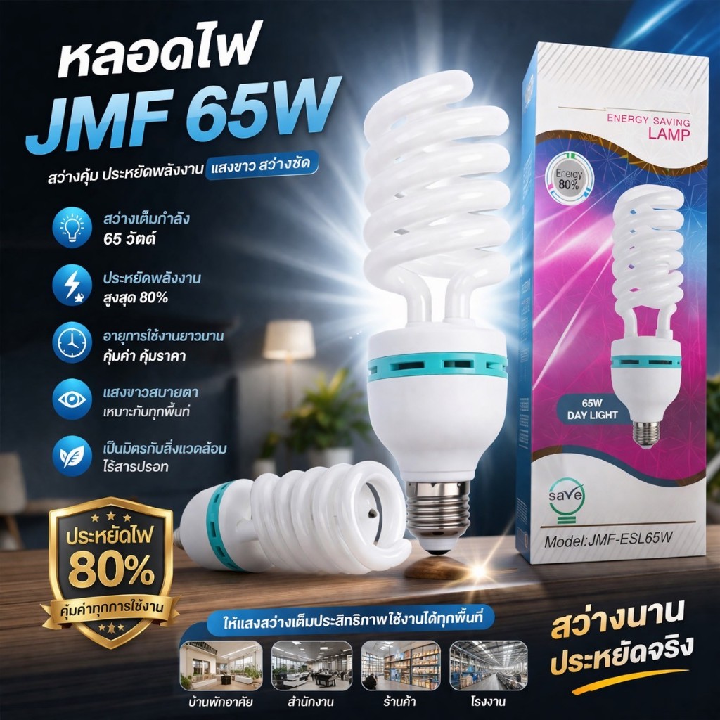 💡 หลอดไฟ LED JMF 65W มีไฟสีขาวและไฟสีเหลืองให้เลือก (ประหยัดพลังงาน 80%) – สว่างตาแตก!