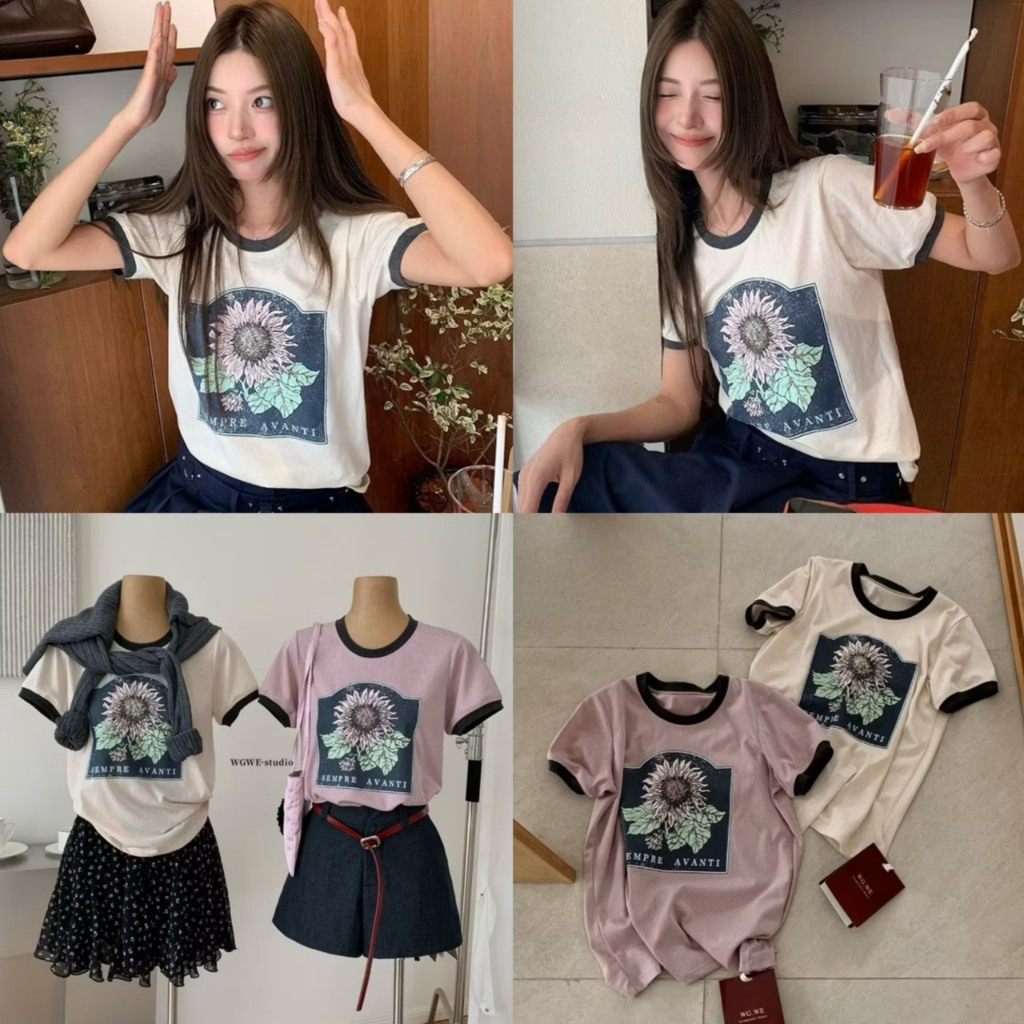 8975 เสื้อยืดแขนสั้นแต่งขอบสกรีนลายดอกไม้ งานป้าย WG.WE 🇰🇷