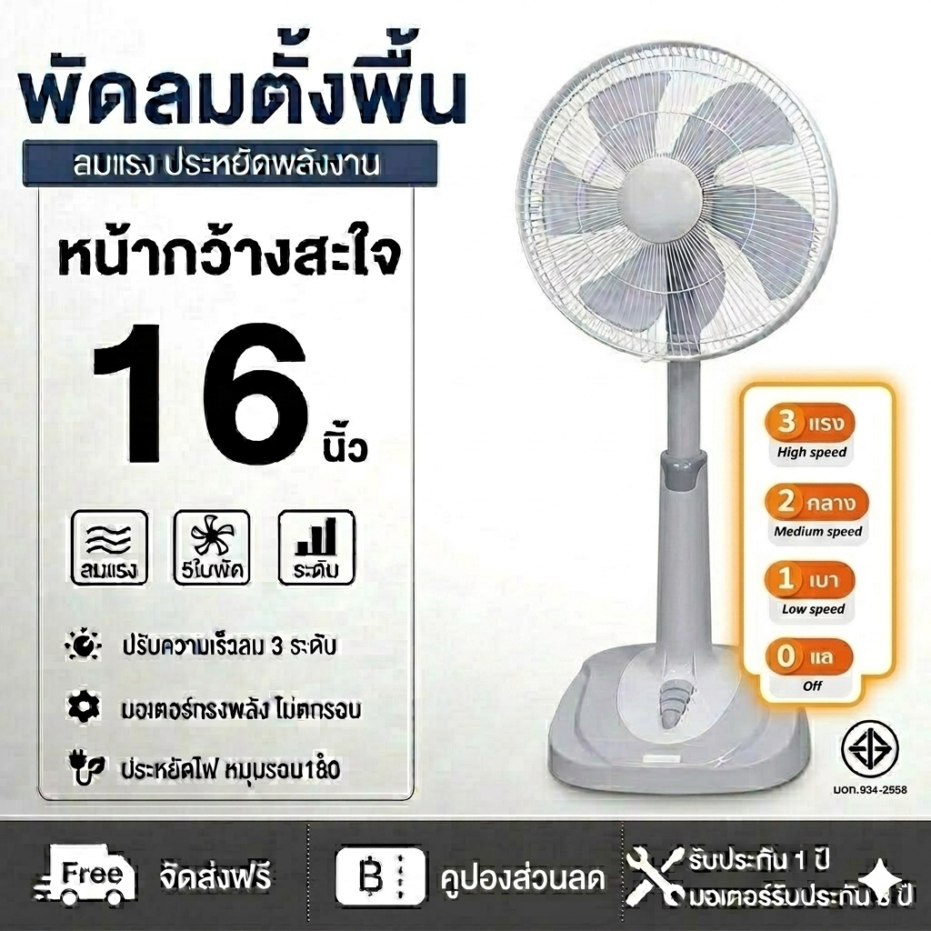 พัดลม พัดลมตั้งพื้น พัดลม16 นิ้ว 5 ใบพัด ลมแรงไกล เงียบ ประหยัดไฟ ปรับความเร็วได้ ถอดล้างง่าย