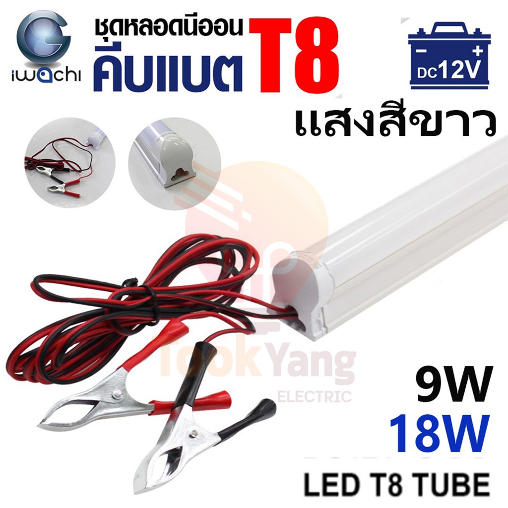 IWACHI ชุดหลอดไฟนีออนคีบแบตเตอรี่ DC12V ไฟแบต 9W/18W แสงสีขาว ชุดหลอดไฟพร้อมสายปากคีบแบต – โปรปัง