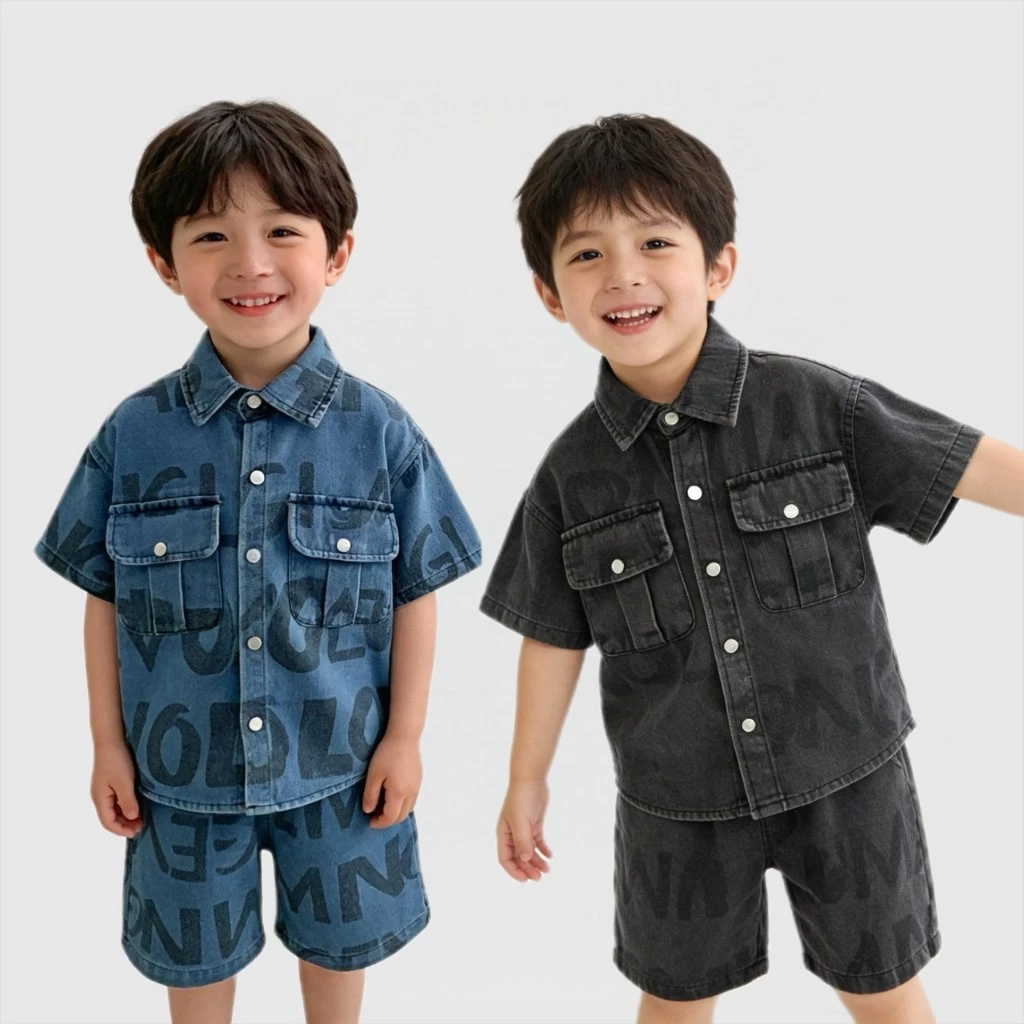 BB238 เซ็ตเสื้อผ้าเด็กยีนส์ เสื้อเชิ้ตกระดุมหน้า+กางเกงขาสั้น ลายอักษร แฟชั่นเด็ก
