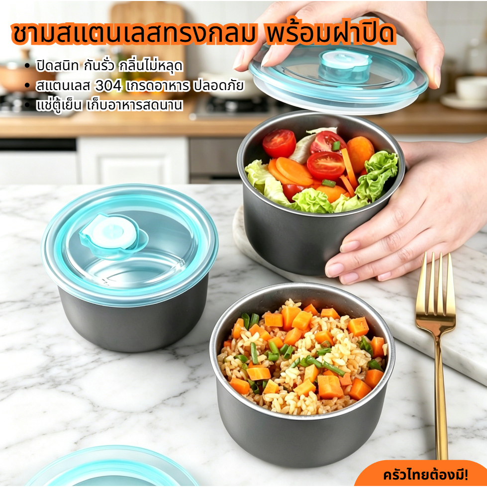 🔥พร้อมส่ง กล่องเก็บอาหารสแตนเลส304 ทรงกลม มีวาล์วระบายอากาศ กันรั่ว ไม่กลิ่นปน แช่เย็น-แช่แข็งได้ กล่องข้าว