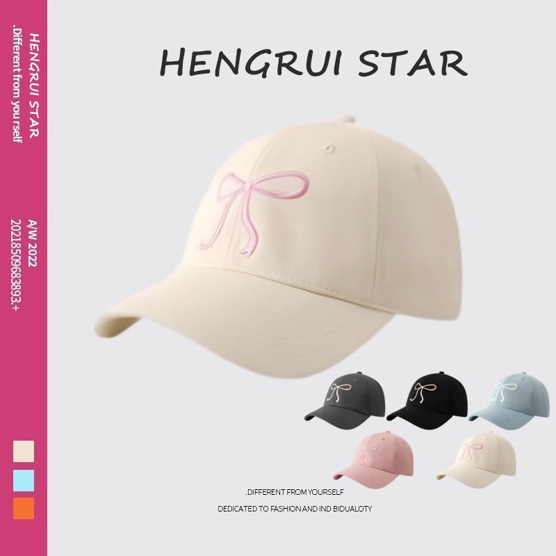 Hengrui Star หมวกแก็ป ปักโบว์ หมวกเบสบอล แฟชั่นเกาหลี cotton cap สีดำ