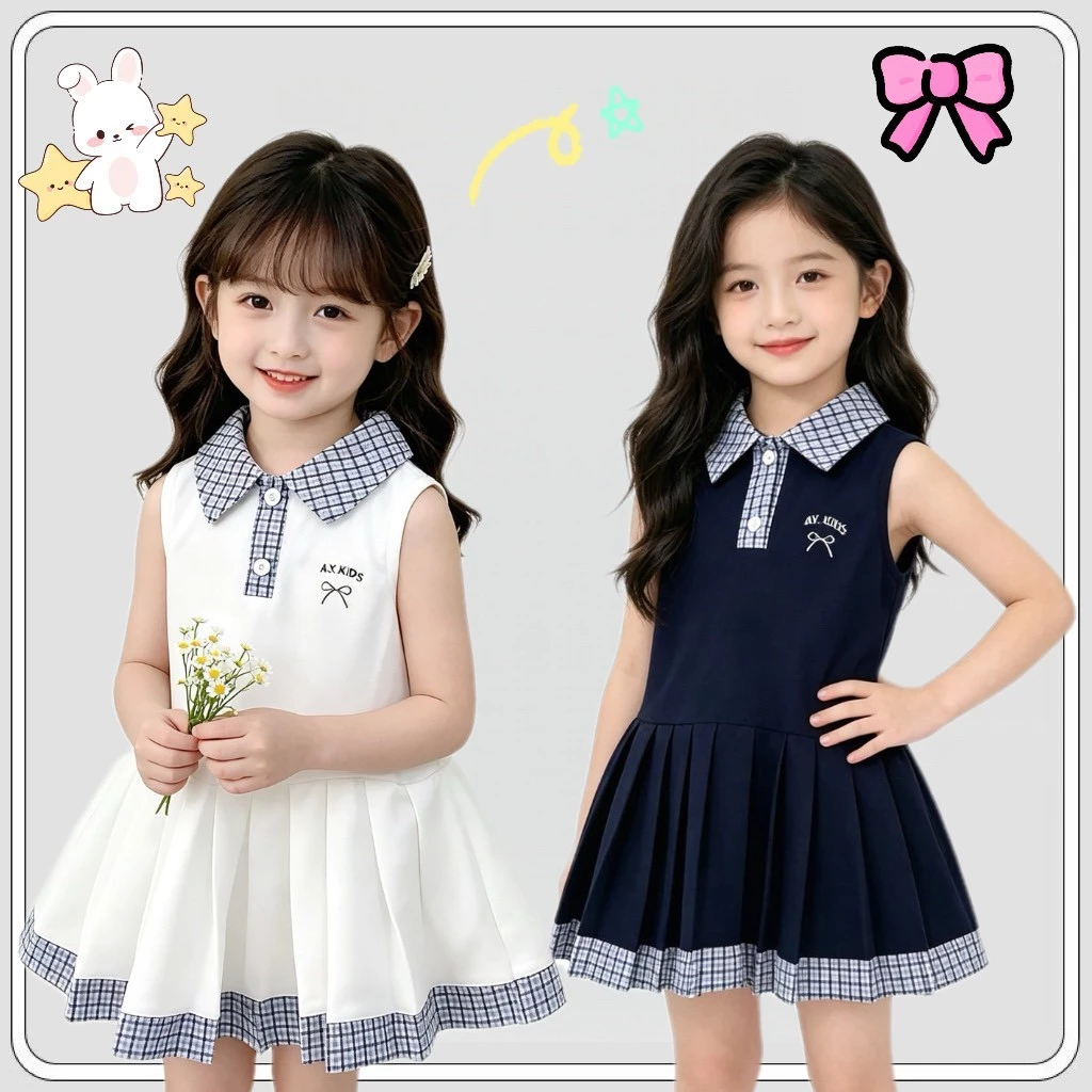MC244 เดรสเด็กหญิงทรงเจ้าหญิง คอปกน่ารัก ผ้าใส่สบาย สีขาว กรมท่า