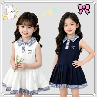 MC244 เดรสเด็กหญิงทรงเจ้าหญิง คอปกน่ารัก ผ้าใส่สบาย สีขาว กรมท่า