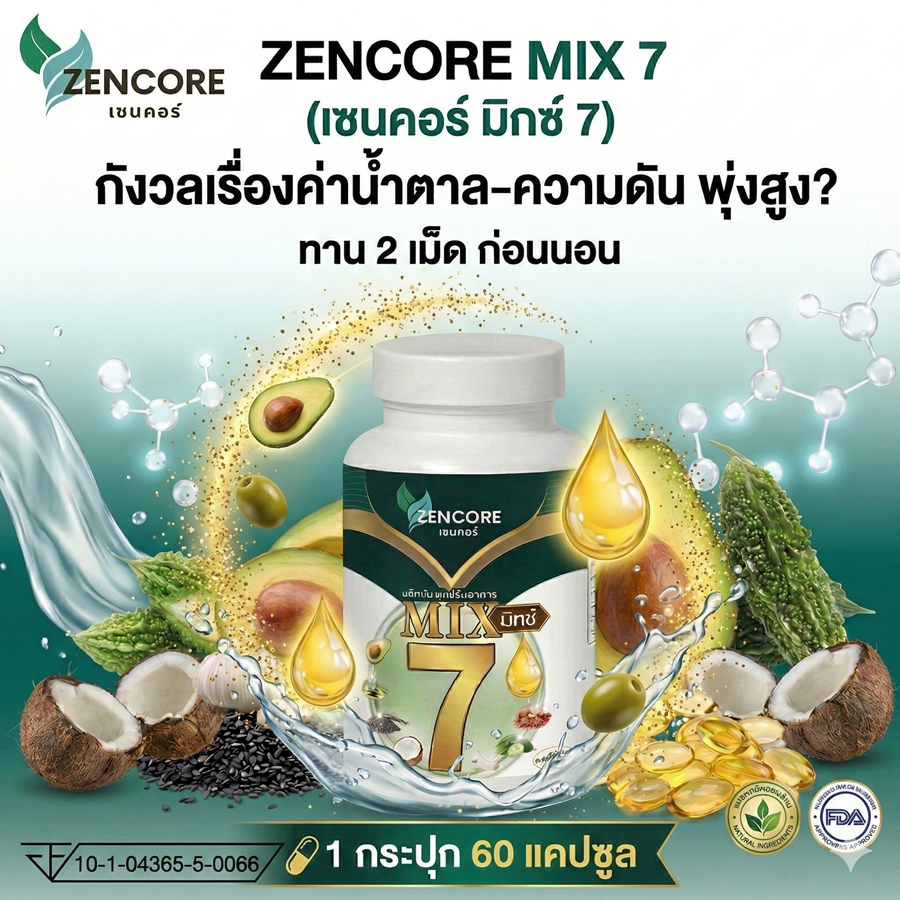 Zencore Mix 7 เซนคอร์ มิกซ์ 7 น้ำมันสกัดเย็น 7 ชนิด Mix Oil  1 ขวด 60 แคปซูลน้ำตาล ความดัน ไขมัน