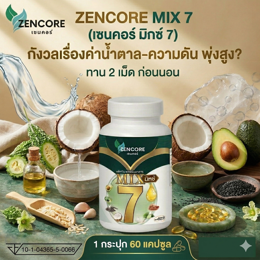 Zencore Mix 7 เซนคอร์ มิกซ์ 7 น้ำมันสกัดเย็น 7 ชนิด Mix Oil  1 ขวด 60 แคปซูล น้ำตาล มือเท้าชา
