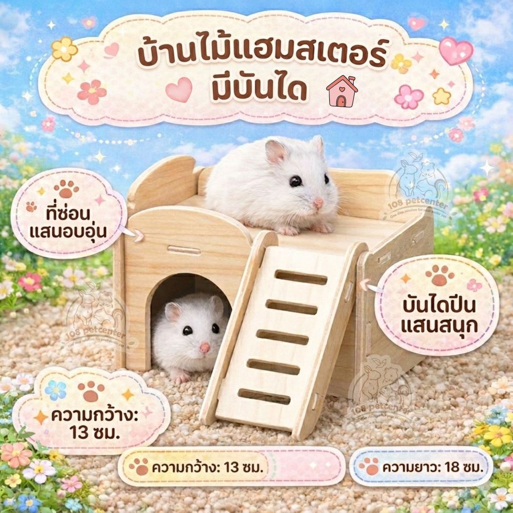 บ้านไม้แฮมสเตอร์ มีบันได แบบประกอบ บ้านสไลเดอร์ สำหรับแฮมสเตอร์ ดอร์เมาส์